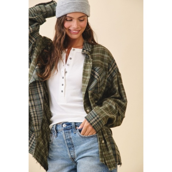 Olive Green Kambrie Button Down Plaid Patchwork Flannel Casual Shirt - Picture 4 of 9